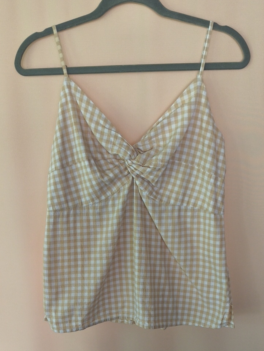 Old Navy Tan and White Gingham Twist-Front Cami Top Size L